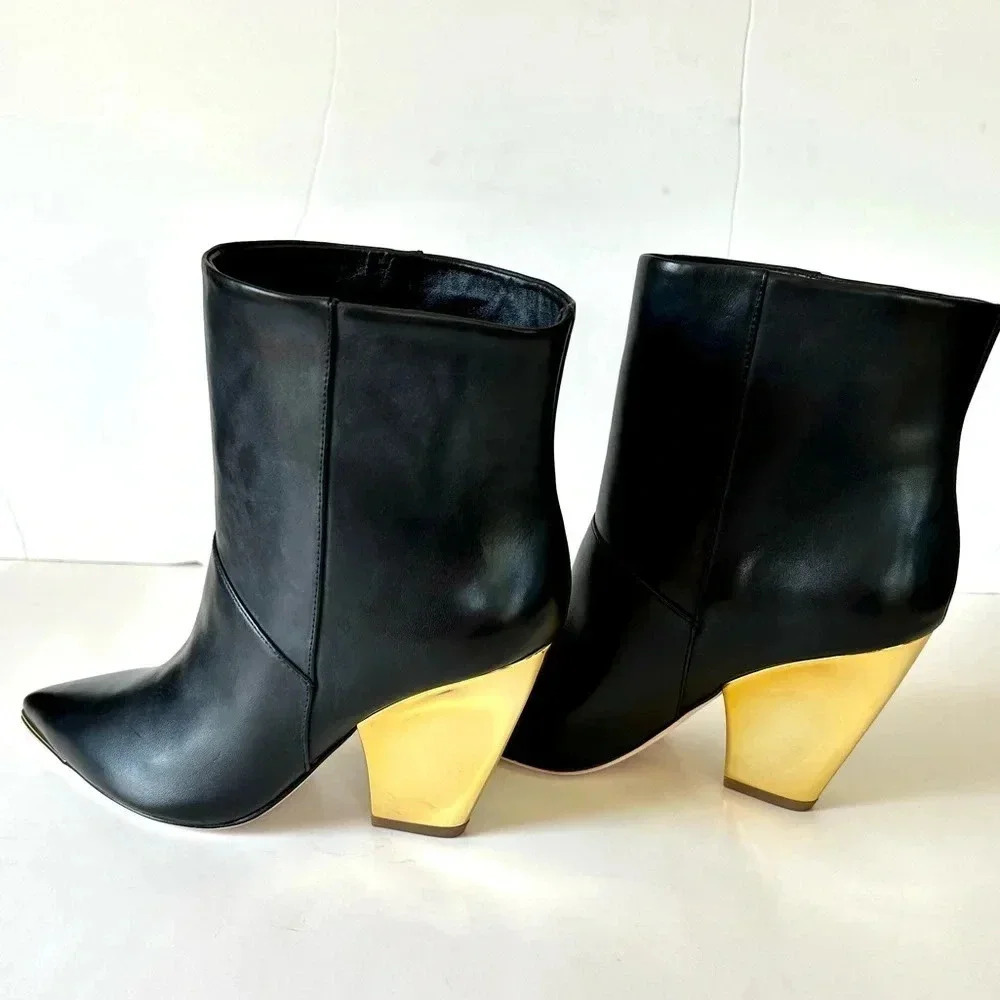 Tory Burch Lila Mirrored Gold Heel Black Leather Ankle Bootie 7.5 Fits 7 - Picture 4 of 11